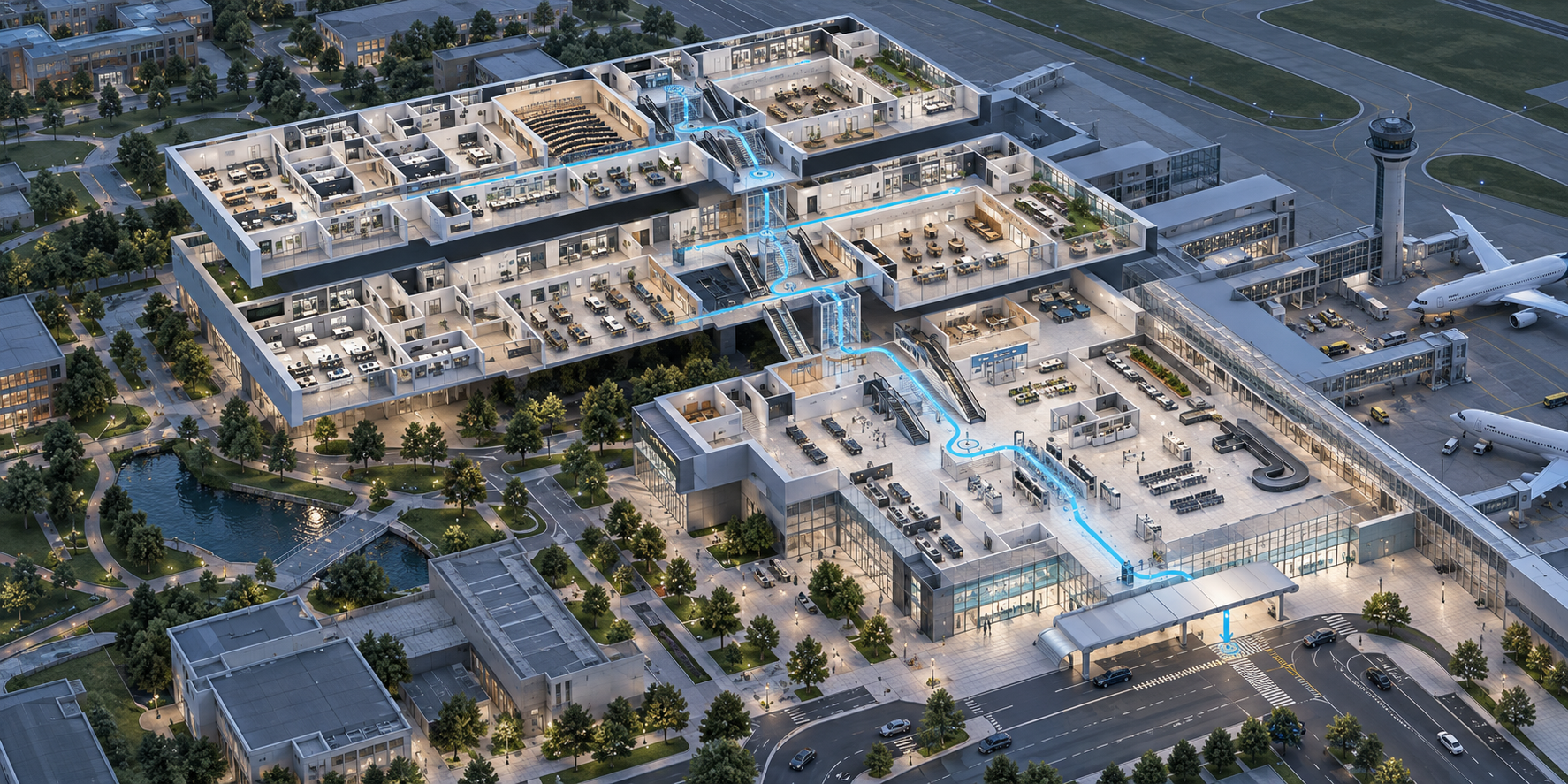 Floor-aware campus and airport GIS model showing rooms, facilities, and an indoor route across multiple levels